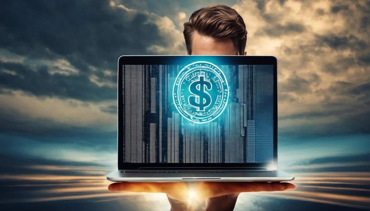 Image depicting a person holding a laptop with a dollar sign on the screen, representing affiliate marketing